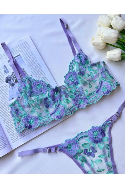 HAMA LOVE Purple Floral Embroidered Lingerie Set