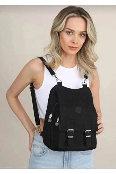 Zealous Women's Black Crinkle Fabric School Handbag And Backpack
