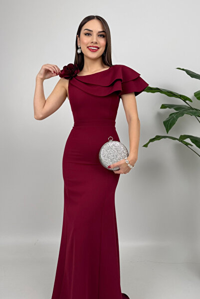 DPARİS Long Dress with Ruffled Shoulders and Rose Detail