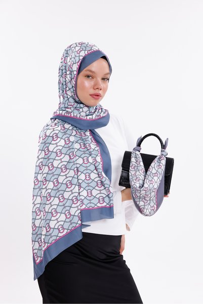 tarzınısec Pink-Blue Chain Patterned Chiffon Satin Shawl - 70X170 cm