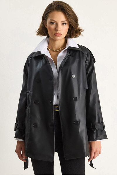Bianco Lucci Women's Double Breasted Collar Belted Lined Short Faux Leather Trench Coat 2485 60281111