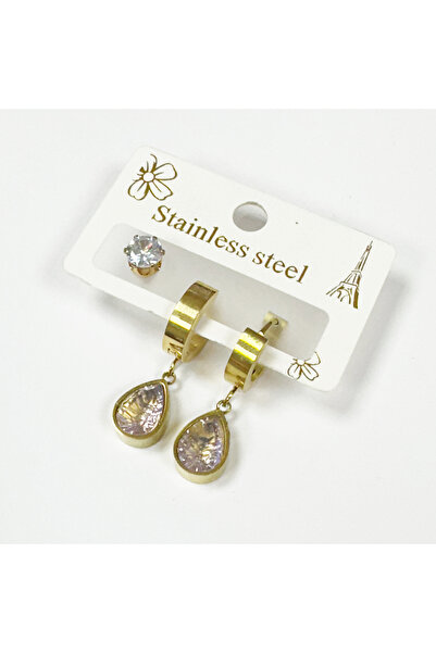 Perissy Gold-tone stone embellished 3-piece stainless steel earring set