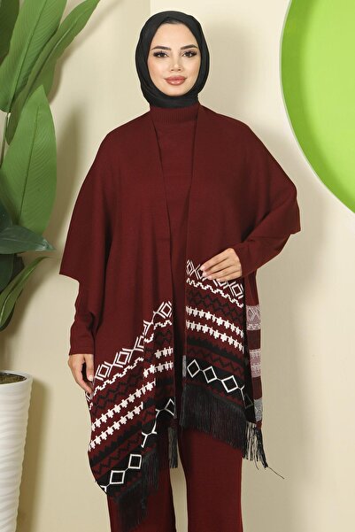 hafsamina Kilim Pattern Poncho Three-Piece Knitwear Set Burgundy Hm2816
