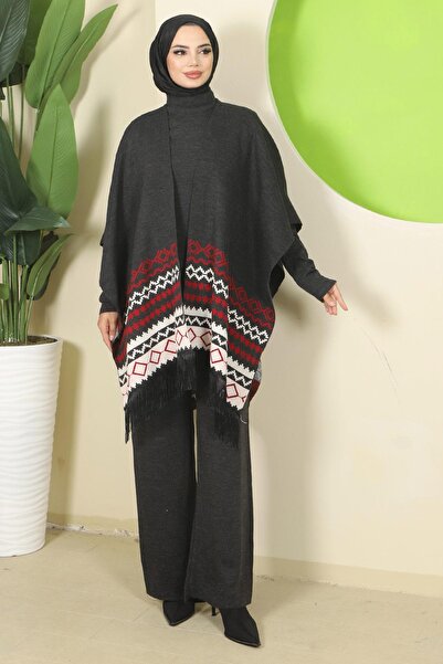 hafsamina Kilim Pattern Poncho Triple Knitwear Set Anthracite Hm2816