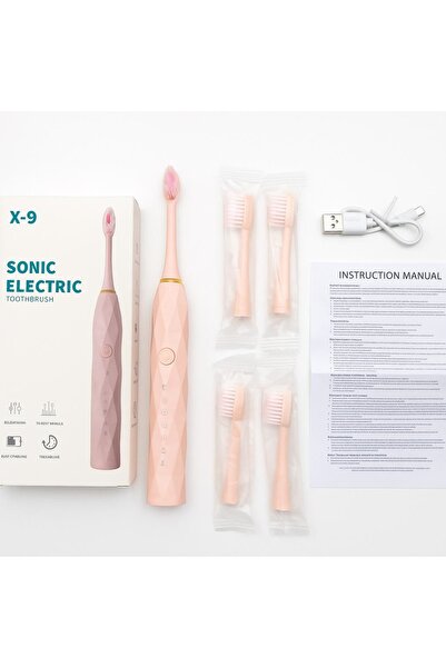 Sonic X9 electric toothbrush, 4 brush heads, smart timer, 6 brushing modes, soft DuPont bristles, pink