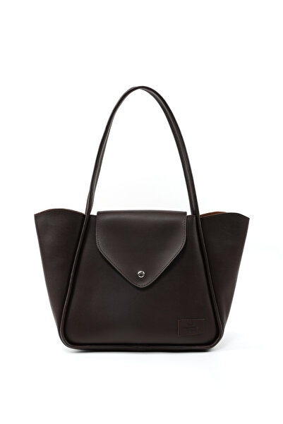 SHAKA Kahve Rengi SHK249 Suni Deri, Çıtçıtlı Tek Bölmeli, Büyük Boy El, Kol ve Omuz Çantası