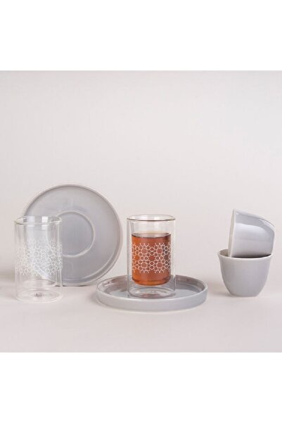 Dallaty طقم أكواب شاي وقهوة من الزجاج والخزف الرمادي مكون من 18 قطعة
