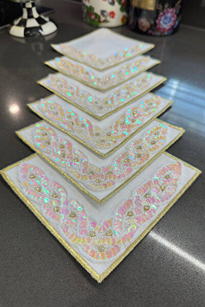 Bi Bashka Gold ekru boncuk pul işlemeli 6lı kokteyl peçete