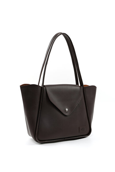 SHAKA Kahve Rengi SHK249 Suni Deri, Çıtçıtlı Tek Bölmeli, Büyük Boy El, Kol ve Omuz Çantası