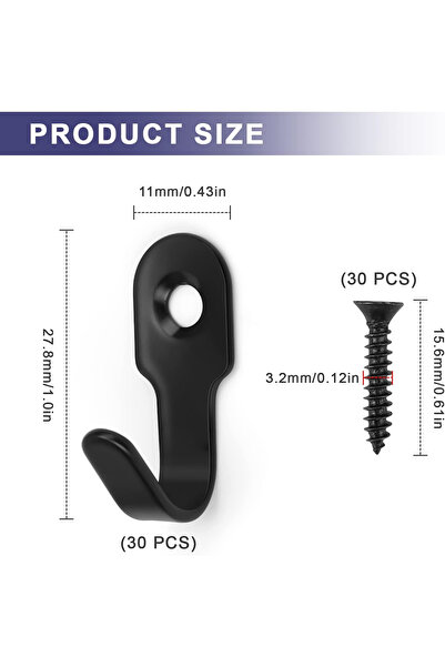 OEM Small black stainless steel hooks with screws, set of 30 pieces