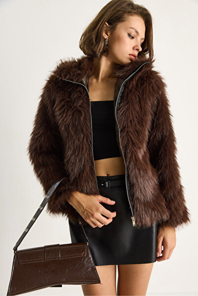 Bianco Lucci Women's Zippered Leather Detailed Lined Fur Coat 5204 60261050