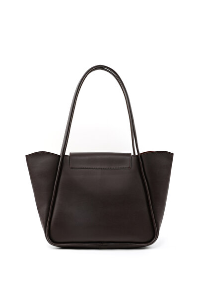 SHAKA Kahve Rengi SHK249 Suni Deri, Çıtçıtlı Tek Bölmeli, Büyük Boy El, Kol ve Omuz Çantası