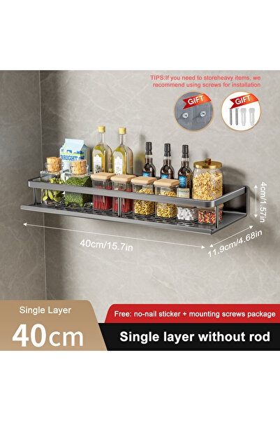 Choice1 gray-40cm 1/2Pcs No Punch Spice Rack Wall Mounted Kitchen Spice Organizer with Hook Rod Seasoning Ra