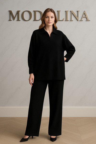 cheen قميص نسائي أسود بياقة بولو للموسم الجديد طقم تريكو علوي وسفلي