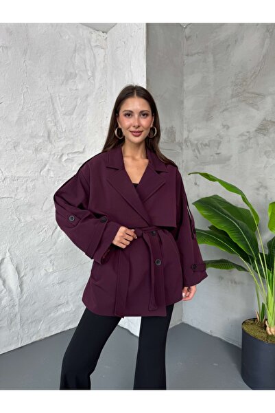 Elif Özbey Butik Mürdüm Premium Kuşaklı Trençkot