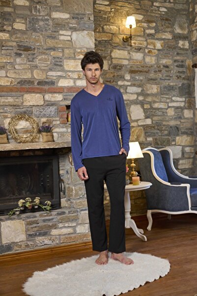 Cossy By Aqua Довгий рукав V-подібний комір Чоловічий піжамний комплект CossybyAqua 26153-XL - ІНДИГО