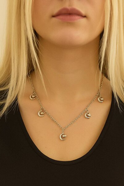 Herşey Nota 5-Piece Heart and Moon Motif Necklace – 60 cm Chain, Zinc Plated Unisex Romantic Design