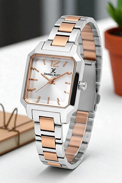 Daniel Klein ساعة يد نسائية بسوار وحافظة من الفولاذ + سوار هدية فضي-وردي sddk110