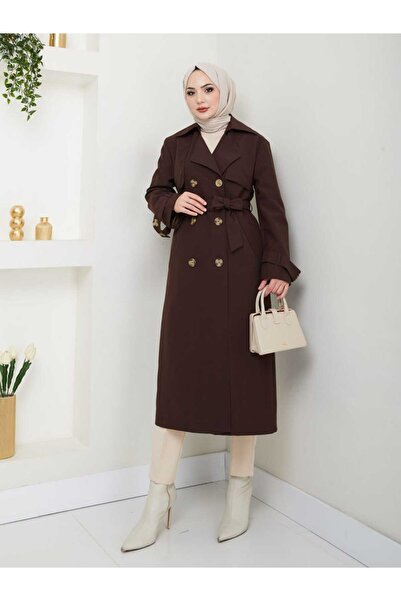 B.HE.Z Amazon Linen Fabric Below-The-Knee Lined Slit Trendy Trench Coat Dark Brown