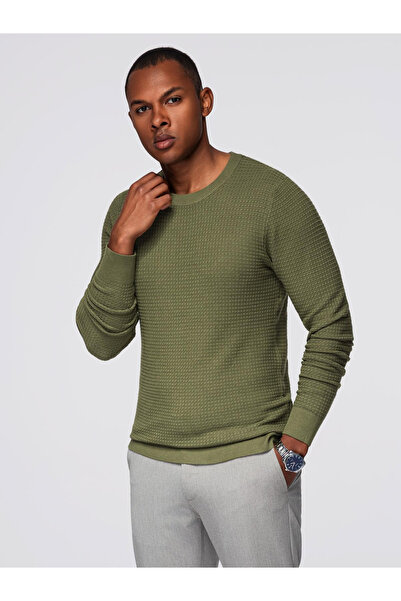 OMBRE Structured men's sweater with round neckline - olive V1 OM-SWSW-0181 M