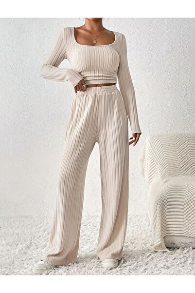 bemmoda Women's Stripe Pattern Drawstring Detail Relaxed Fit Interlock Top and Bottom Set