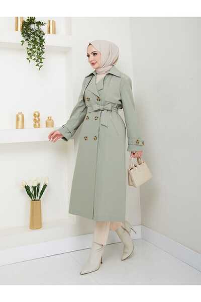 B.HE.Z Amazon Linen Fabric Below-Knee Lined Slit Trendy Model Trench Coat Mint Green