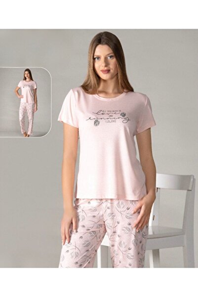 OMODAM طقم بيجامة نسائية من القطن الممشط بأكمام قصيرة ونقشة