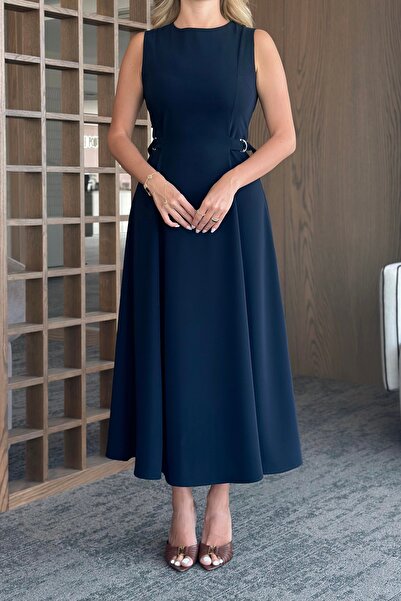 Laluvia Lacivert Bel Kemer Detaylı Elbise - 2313