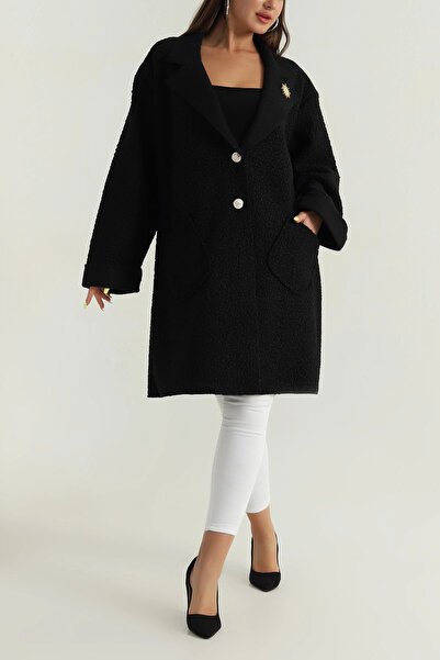 Esma Style Kadın Bronş Detaylı Buklet Kaşe Kaban