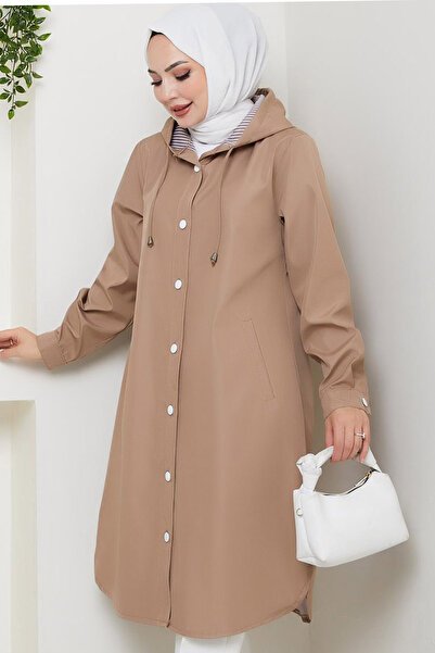 Ottawe Relaxed Fit Rahat Kapüşonlu İçi Çizgi Detay A-Line Çıtçıtlı Uzun Kol Midi Boy Casual Trençkot
