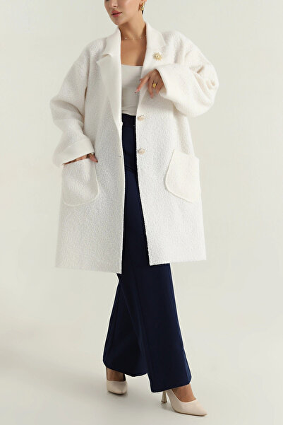 Esma Style Kadın Bronş Detaylı Buklet Kaşe Kaban