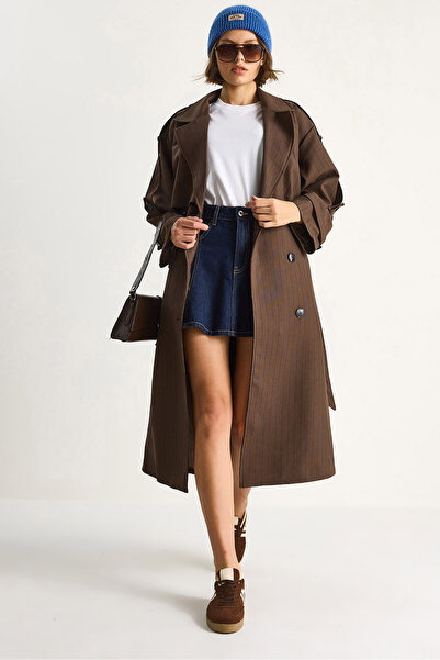 Bianco Lucci Women's Striped Button Detailed Belted Double Breasted Trench Coat 2038 60284055