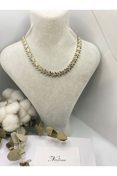 Tasarım Zirkon Taş Plaka İki Renkli V Model Kolye 47 cm Balık Sırtı Rodyum Kaplama