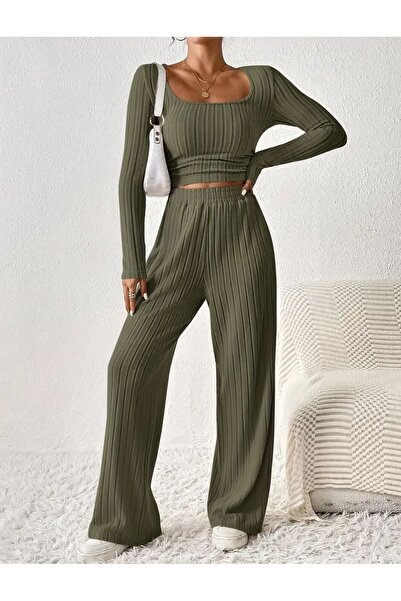 bemmoda Kadın Çizgi Desen Büzgü Detay Rahat Kesim İnterlok Alt Üst Takım