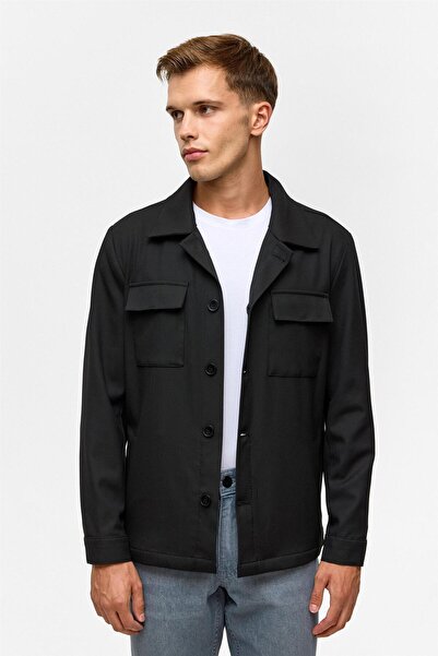 SÜVARİ Siyah Slim Desenli Klasik Yaka Mont