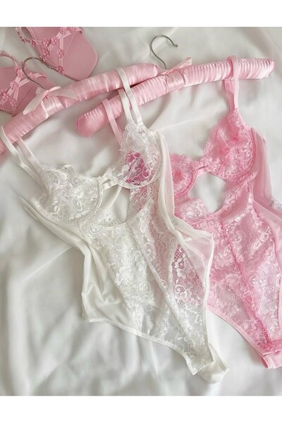 Fanwet Γυναικείο φανταχτερό εσώρουχο με δαντέλα, φορμάκι 2 τεμαχίων λευκό-ροζ