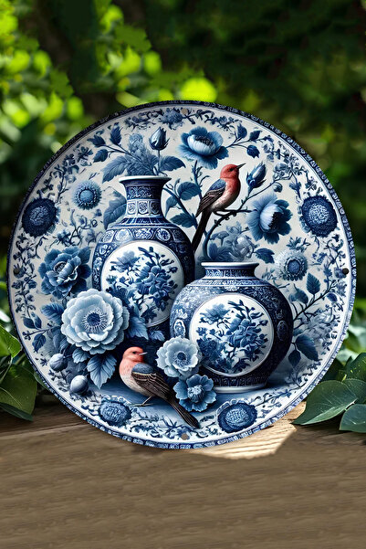 kutuTR Kuş ve Çiçek Desenli Mavi-Beyaz UV Baskı MDF Duvar Süsü – 33x33 cm & 2...