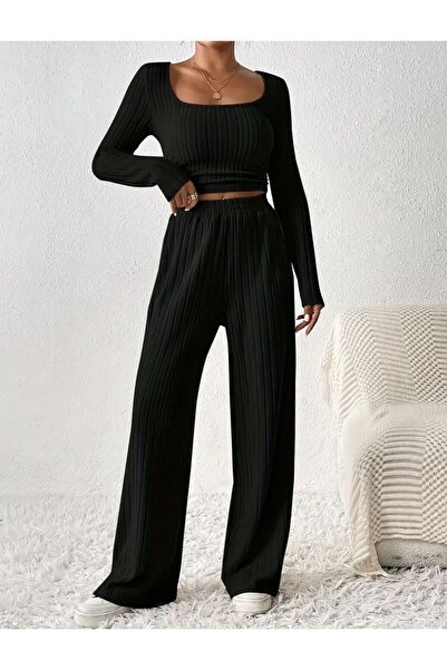 bemmoda Women's Stripe Pattern Drawstring Detail Relaxed Fit Interlock Top and Bottom Set