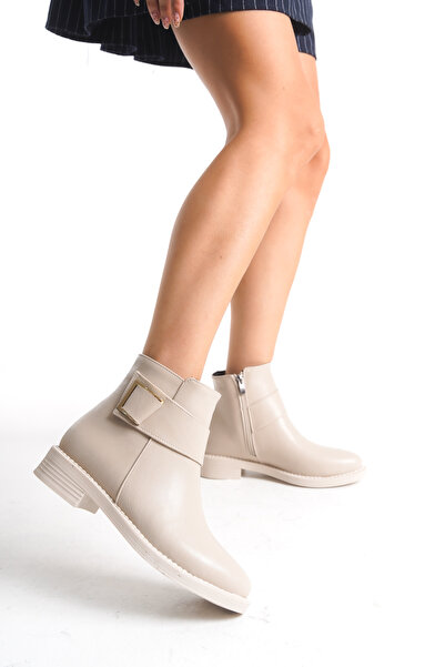 Limeo Низька підошва, блискавка збоку, золота пряжка, короткі жіночі кремові чобітки