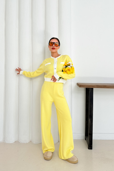 MİROR Women's Yellow and White Detailed Knitwear Two-Piece Set Buttoned Cardigan Top and Comfortable Wide-Leg Pants