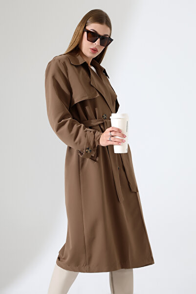 B.HE.Z Amazon Linen Fabric Below-The-Knee Lined Slit Trendy Trench Coat Milk Coffee