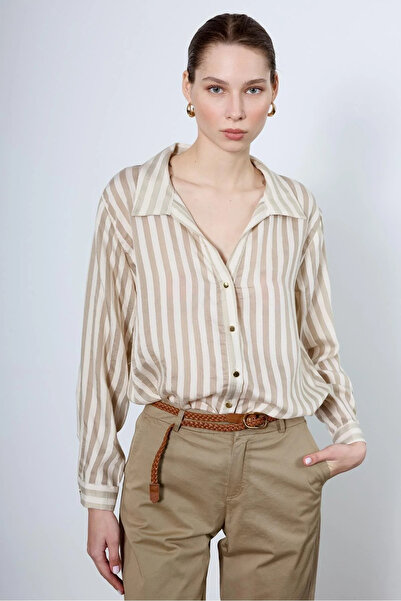 My Blog قميص كاكي مخطط بأزرار ذهبية - 4966