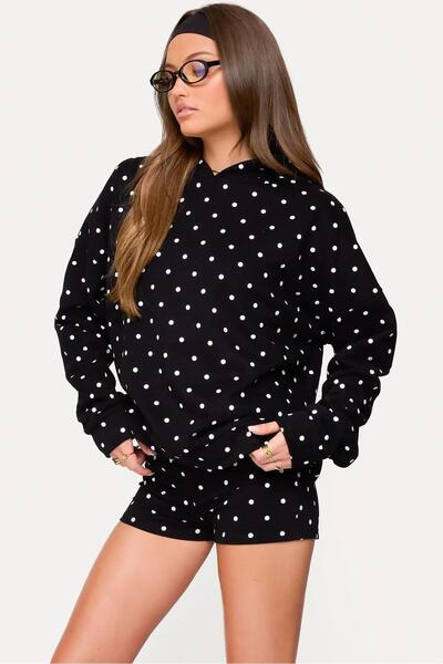 Madmext Siyah Puantiyeli Kapüşonlu Kadın Sweatshirt Mg2560