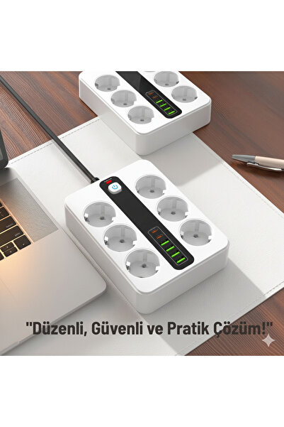 SMAYLİNG 6 Prizli Akıllı Uzatma Kablosu – 4 USB-A + 2 Type-C Hızlı Şarj Çıkışlı Akım Korumalı , 2 Metre Kablo