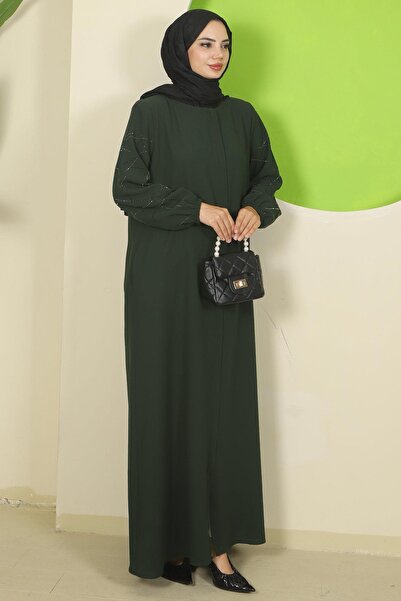 hafsamina Μεγάλο μέγεθος Ferace Khaki HM2801 με πέτρες στα μανίκια