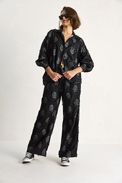 Bianco Lucci Women's Oversize Shirt Elastic Waist Trousers Fringed Woven Top and Bottom Set 6024 60284107