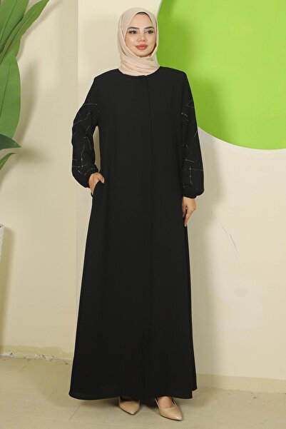 hafsamina Μεγάλο μέγεθος Ferace με πέτρες στα μανίκια Μαύρο HM2801