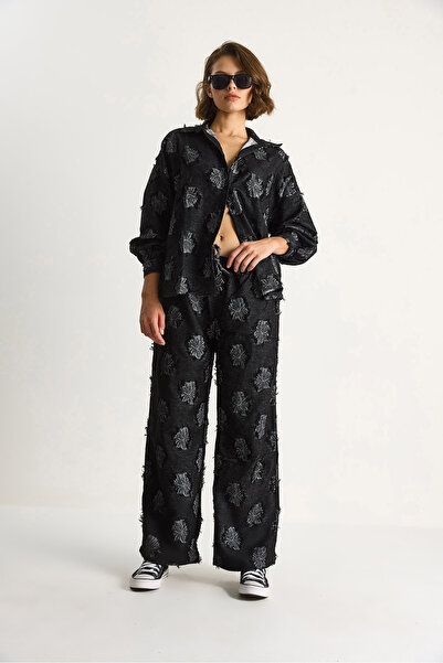 Bianco Lucci Women's Oversize Shirt Elastic Waist Trousers Fringed Woven Top and Bottom Set 6024 60284107