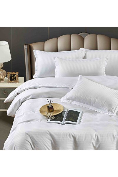JOJO HOME Double bed linen, Deluxe fine damask, 6 pieces, fitted sheet, White
