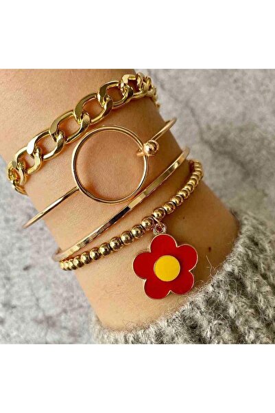 Pursehuit Set de 4 brățări, aurii, cu zale și floare roșie, Lorentina C5